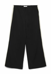 Svarta vida byxor med en slät yta, som har kontrasterande krämfärgade sidoremsor och en ren, minimalistisk design.