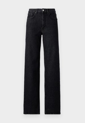 Zwarte hoge taille jeans van denim. Heeft wijde pijpen, vijf zakken en een knoopsluiting. Effen kleur met subtiele textuur.