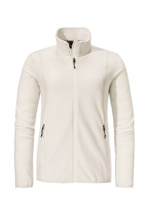 Weiße Fleecejacke mit hohem Kragen, Reißverschluss vorne und zwei seitlichen Taschen. Sie zeichnet sich durch eine glatte Textur und ein dezentes Logo auf der Brust aus.