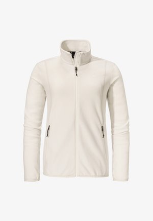 White fleece jacket with a high collar, zippered front, and two side pockets. Features a smooth texture and subtle logo detail on the chest.