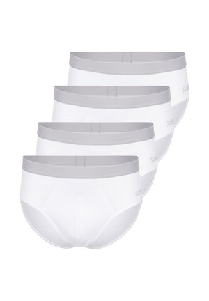 Viererpack weißer Herren-Slips mit grauen elastischen Bunds, diagonal auf weißem Hintergrund angeordnet.