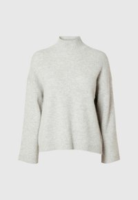 Světle šedý rolák, oversize střih, vroubkovaný výstřih a manžety, měkká textura, minimalistický design bez viditelných vzorů nebo hardware.