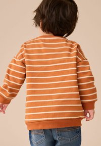 Sweatshirt orange à rayures avec des lignes crème, manches longues, poignets et ourlet côtelés. Porté avec un jean en denim bleu, vu de dos.