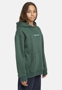 Grön hoodie med en framficka, ribbade manschetter och nederkant. Har "element"-logotypen i ljusblått på bröstet. Mjuk textur, avslappnad passform.