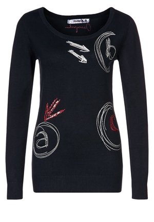 Zwart trui met lange mouwen met abstracte witte en rode gestikte spiralen en pijlen op de voorkant en de bovenkant van de linkerborst.