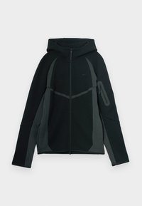Černá a tmavě šedá mikina s kapucí na zip, velkou kapucí a bočním zipovým kapsou. Má strukturovaný design a kontrastní panely.