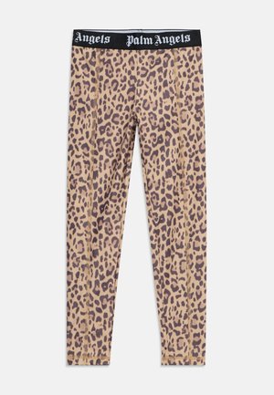 Leggings imprimés léopard avec des coutures visibles et une ceinture noire avec un texte blanc "Palm Angels".