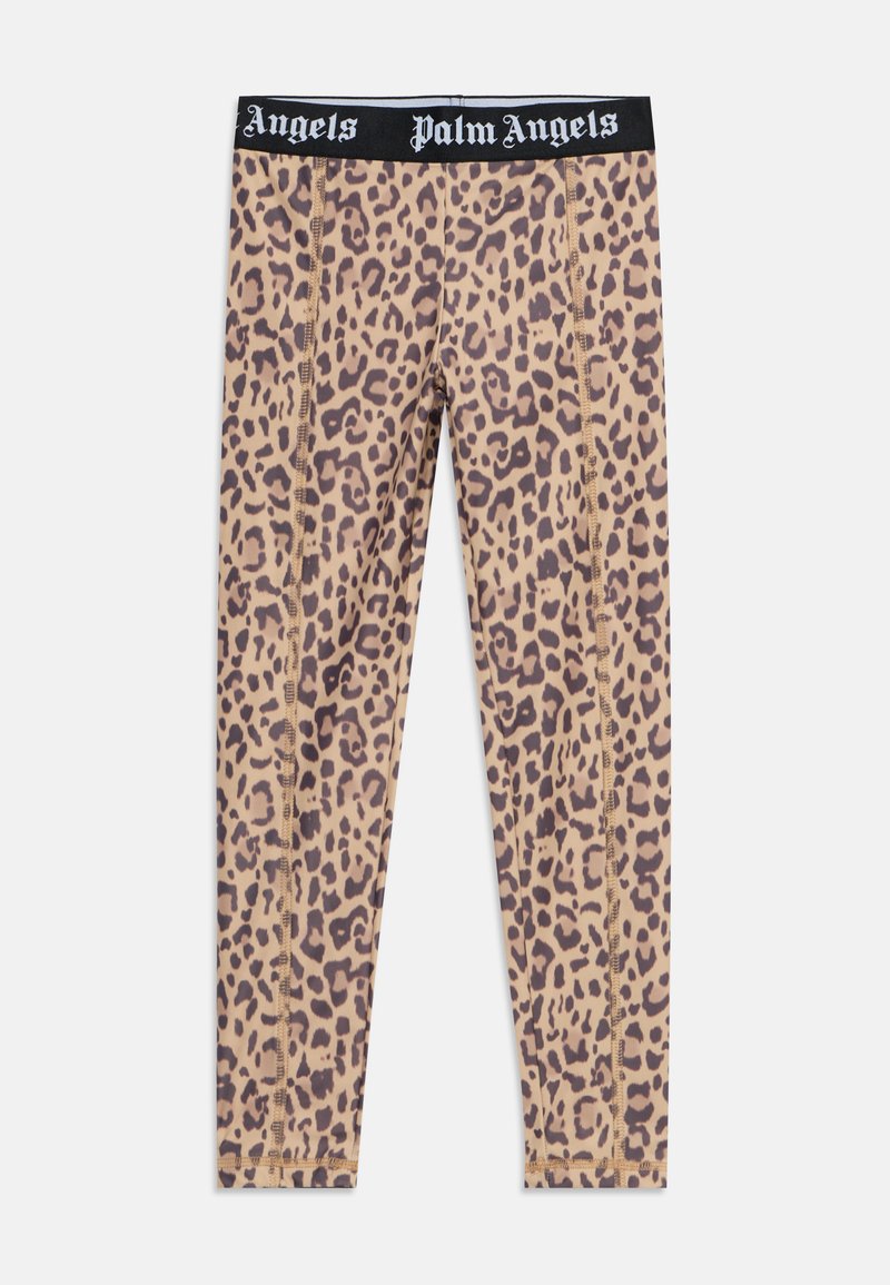 Leggings imprimés léopard avec des coutures visibles et une ceinture noire avec un texte blanc "Palm Angels".