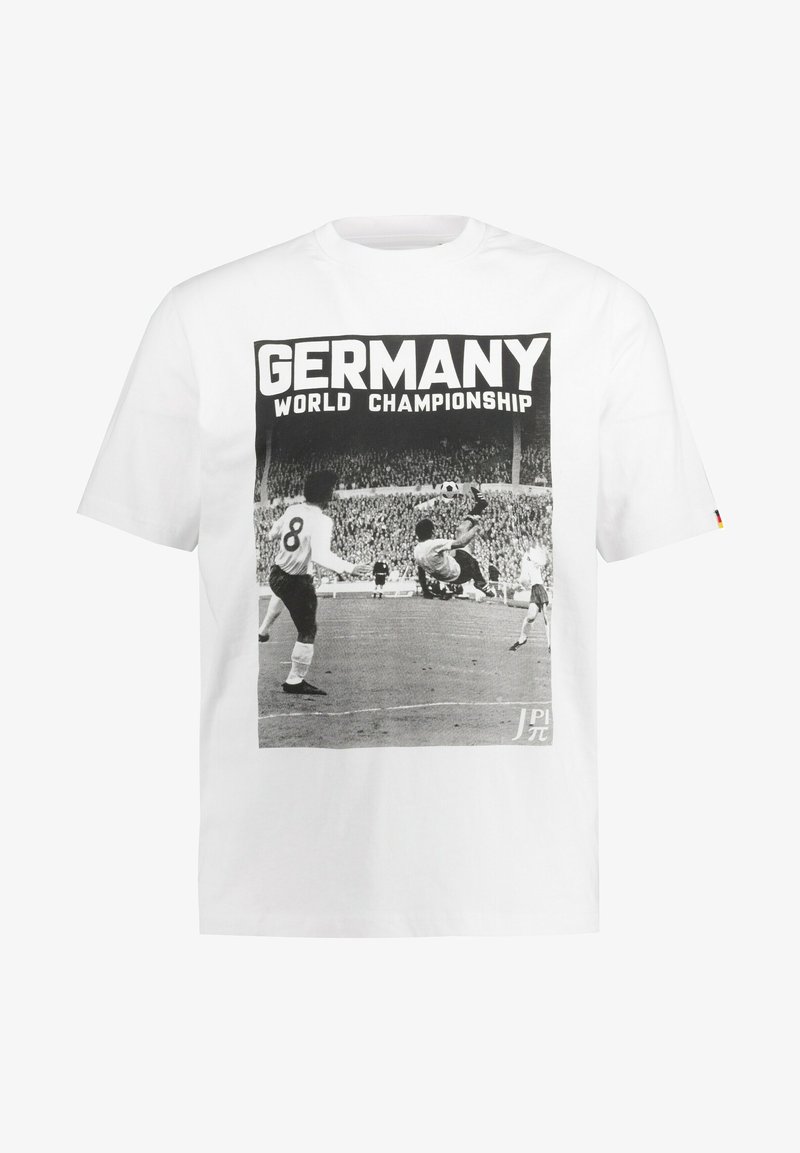 White cotton T-shirt featuring a black and white graphic print of a football scene with "GERMANY WORLD CHAMPIONSHIP" text prominently displayed.