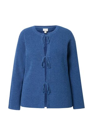 Blauwe gebreide cardigan met lange mouwen, ronde halslijn en voorste strikjes. Heeft een textuur stof en een lichte glans.