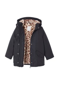 Schwarze Winterjacke mit Kapuze, gefüttert mit Leopardenmuster und Kunstpelz, mit Vorderreißverschluss, Druckknöpfen und Klappentaschen.