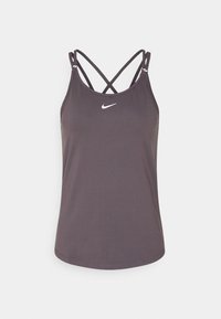 Top aderente grigio scuro con spalline incrociate sottili e un piccolo logo Nike bianco sulla parte frontale. Realizzato in un tessuto liscio e elastico.