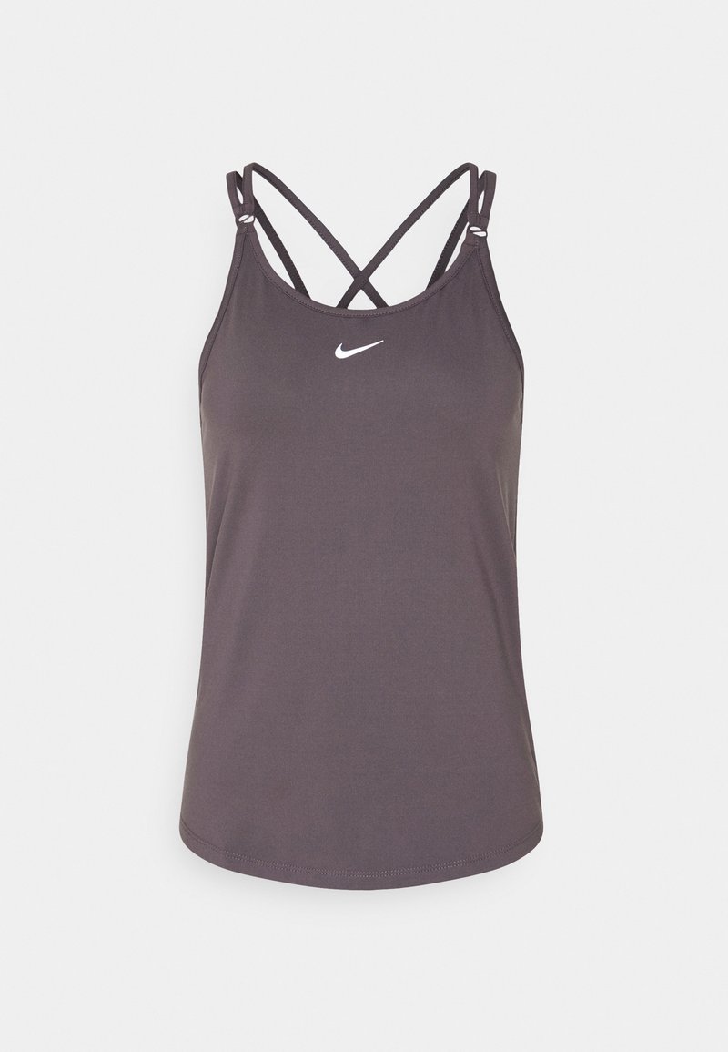 Top aderente grigio scuro con spalline incrociate sottili e un piccolo logo Nike bianco sulla parte frontale. Realizzato in un tessuto liscio e elastico.