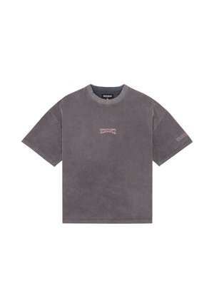Oversized dark gray short-sleeve t-shirt with round neck and small light pink graphic text centered on chest and left sleeve.