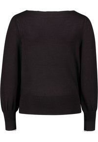 Schwarzer Strickpullover mit rundem Ausschnitt, gepufften langen Ärmeln und ribbed Saum und Ärmeln. Glatte Textur in einfarbiger Ausführung.