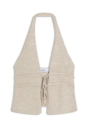 Bézs kötött halter top mély V-nyakkivágással és elöl kötős záródással, enyhén texturált anyagból, belül márkajelzéssel.
