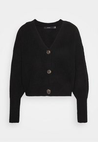 Zwarte cropped cardigan met een textuur gebreid patroon, met een diepe V-hals en drie ronde knopen aan de voorkant. Lange, iets gepofte mouwen.