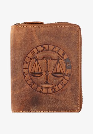 Brauneleder-Geldbörse mit einem geprägten Schuppenmuster innerhalb eines kreisförmigen Tierkreis-Designs. Mit Reißverschluss und kontrastierenden Nähten.
