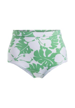 Hooggeknipte bikini-bottoms van rekbare stof, met een groen-wit tropisch bladmotief en een gladde textuur.