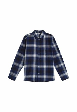 Marineblauwe en witte geruite lange mouwen shirt met een button-down kraag en een sluiting met knopen aan de voorkant, met een ontspannen pasvorm en een borstzakje.