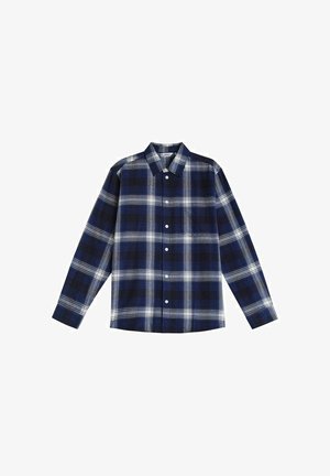 Marineblå og hvid ternet langærmet skjorte med krave og knaplukning foran, der har en afslappet pasform og en enkelt brystlomme.