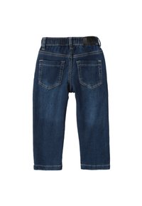 Pantaloni in denim, blu scuro, con una cintura elastica, dotati di due tasche posteriori e una vestibilità dritta, rifiniti con cuciture di contrasto.