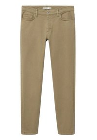 Pantalons en denim kaki à coupe slim, dotés d'une fermeture boutonnée, d'un design à cinq poches et de détails de couture subtils sur les poches.