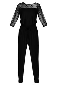 Black jumpsuit featuring a sheer polka dot overlay, three-quarter sleeves, elastic waist with adjustable drawstring, and tapered legs.