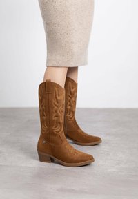 Botas de vaquero de ante marrón con costuras decorativas, punteras afiladas y un tacón grueso. Cuentan con una cremallera lateral y lengüetas para facilitar su puesta.