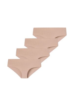 Vier nahtlose Damen-Hipster-Slips in hautfarbener Farbe, diagonal auf weißem Hintergrund angeordnet.