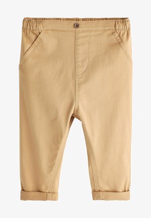 Helle, beige Baumwollmischungshose mit elastischem Bund, Fronttaschen und umgeschlagenen Säumen. Verfügt über saubere Nähte und einen einzigen Knopfverschluss.