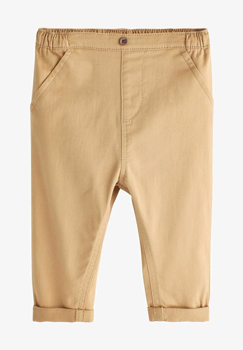 Pantalons en mélange de coton beige clair avec une taille élastique, des poches avant et des revers. Présentent des coutures nettes et une fermeture à bouton unique.
