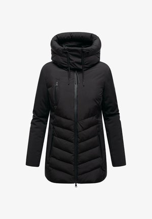 Mustas puffer-jakk, millel on kõrge krae, lukuga eesmine osa, diagonaalsed tikandid ja küljetaskud; valmistatud siledast, isoleeritud materjalist.