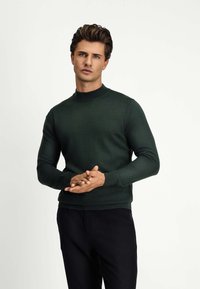 Dunkelgrüner, langärmliger Pullover mit hohem Kragen und gerippten Bündchen. Das Modell posiert mit zusammengelegten Händen und zeigt die weiche Textur.