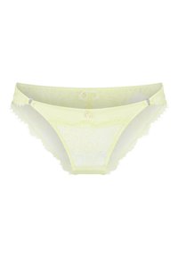 Lace bikini brief in soft lemon yellow. Features sheer panels, floral patterns, frayed edges, and a small metallic logo accent.