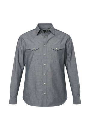 Langärmliges Hemd mit Knöpfen aus dunkelblauem Chambray-Stoff. Verfügt über zwei Brusttaschen mit spitzen Klappen und hellen Druckknöpfen.