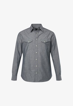 Langärmliges Hemd mit Knöpfen aus dunkelblauem Chambray-Stoff. Verfügt über zwei Brusttaschen mit spitzen Klappen und hellen Druckknöpfen.