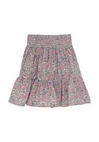 Blomsterpræget nederdel med smocket talje, udvidet nederste kant, primært i pastelfarverne pink, blå og hvid. Letvægtsstof.