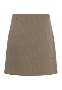 Mini-jupe taille haute avec petit motif pied-de-poule noir et beige et détails sur la couture latérale, ajustée à la taille et légèrement évasée à l'ourlet.