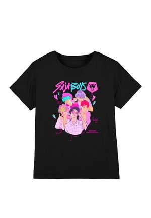Black T-shirt featuring colorful graphic print of characters, with text "SQUAD BOYS" in neon pink and turquoise, and artistic accents.