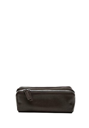 Brown leather pencil case with a rectangular shape, featuring a silver zip closure and a small leather zipper pull detail.