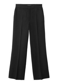 Pantalones de pierna ancha negros, realizados en una tela ligera con una textura suave, que presentan pliegues en la parte delantera y bolsillos laterales.