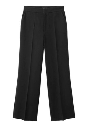 Pantalons larges noirs en tissu léger avec une texture lisse, dotés de plis à l'avant et de poches sur les côtés.