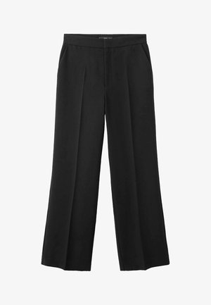 Pantalones de pierna ancha negros, realizados en una tela ligera con una textura suave, que presentan pliegues en la parte delantera y bolsillos laterales.