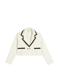 Geknipte witte blazer met zwarte afwerking, piekflap, twee voorzakken en een dubbele knoopsluiting. Textiel met een geweven patroon.