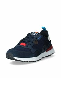 Sneaker blu navy realizzato in suede e mesh, con una suola intermedia bianca, un accento rosso e un linguetta sul tallone blu; suola texturizzata con grip.
