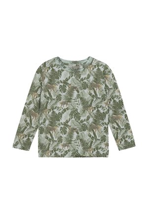 Langärmliges Shirt aus leicht grünem Stoff mit einem tropischen Blattmuster und Leoparden. Weicher Griff und runder Halsausschnitt.