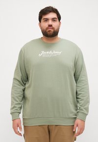 Groene sweatshirt met lange mouwen, gemaakt van zachte stof, met een ronde halslijn en witte merktekst over de borst. Eenvoudig ontwerp, zonder patronen.