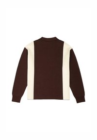 Pullover marrone con maniche lunghe e colletto, caratterizzato da pannelli verticali crema su entrambi i lati. Realizzato in tessuto morbido, con finitura testurizzata.