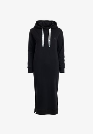 Must muströöpidega must kapuutsiga kleit, millel on pikk ja sirge disain, rinnal logoga ning kontrastse nööriga, millel on tekst kapuutsil.